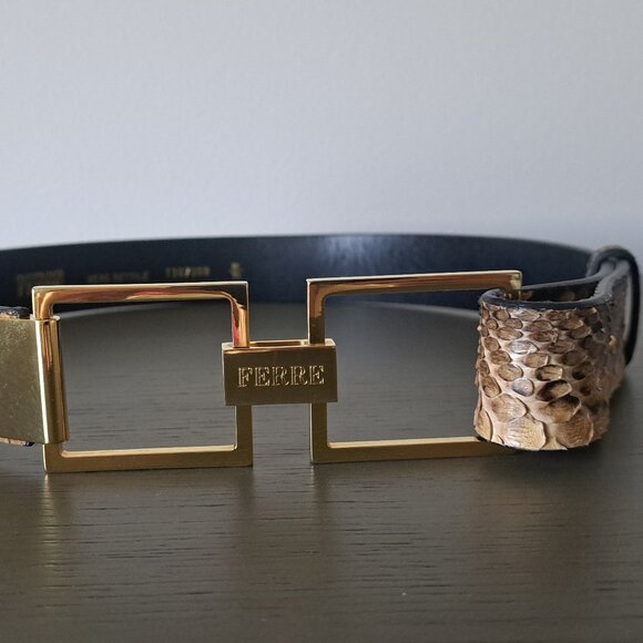 Gianfranco Ferre Italy Snakeskin Belt Unique Gold Metal Geometric Buckle VTG 90s main image 10